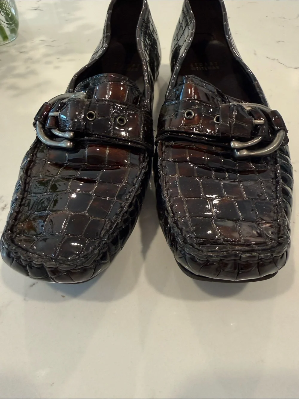Stuart Weitzman Patent Croc Embossed Buckle Driving Loafers Espresso Brown 8.5 M